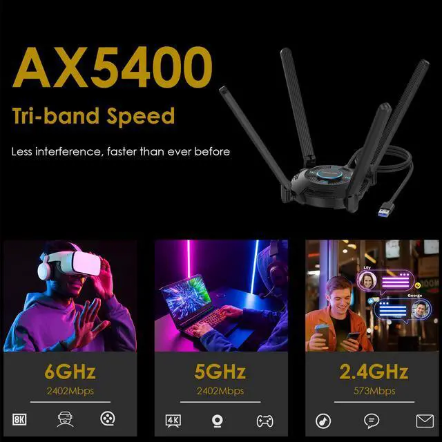 Alt view image 3 of 7 - WAVLINK AX5400 USB 3.0 WiFi Adapter, Wi-Fi 6E Tri-band 2.4/5/6GHz Wireless Network Adapter with 4 High Gain 5dBi Antennas, WPA3 for PC, Desktop, Laptop, Supports Windows 10/11