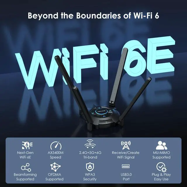 Alt view image 4 of 7 - WAVLINK AX5400 USB 3.0 WiFi Adapter, Wi-Fi 6E Tri-band 2.4/5/6GHz Wireless Network Adapter with 4 High Gain 5dBi Antennas, WPA3 for PC, Desktop, Laptop, Supports Windows 10/11