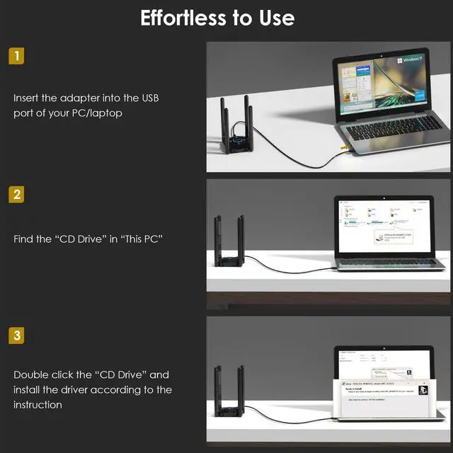 Alt view image 8 of 7 - WAVLINK AX5400 USB 3.0 WiFi Adapter, Wi-Fi 6E Tri-band 2.4/5/6GHz Wireless Network Adapter with 4 High Gain 5dBi Antennas, WPA3 for PC, Desktop, Laptop, Supports Windows 10/11
