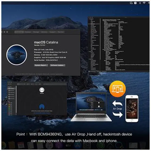 Alt view image 3 of 7 - Plug & Play Hackintosh macOS M.2 NGFF BCM94360NG Wifi 802.11ac Bluetooth 4.0 Network Card Support Handoff & Airdrop & Continuity Wireless 2.4G/5Ghz 1200Mbps for PC Laptop Better BCM94352Z DW1560