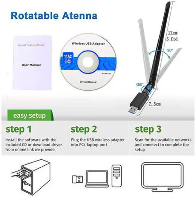 Alt view image 4 of 7 - USB WiFi Adapter for PC Wireless WiFi Adapter 1200Mbps 2.4G/5G 802.11ac USB 3.0 Network Adapter with High Gain Antenna for Desktop Laptop PC Support Windows XP/10/8/8.1/7/Vista,Mac 10.6-10.15,Linux