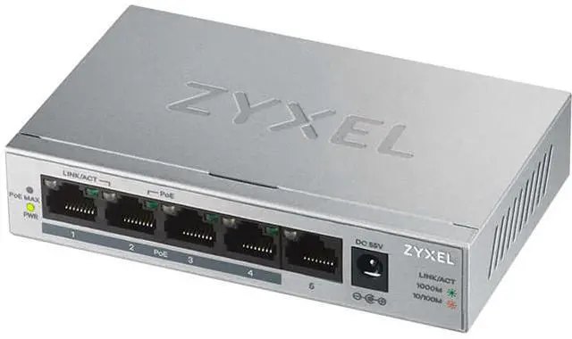 Main image of ZyXEL 5 Port Gigabit Ethernet Unmanaged POE+ Switch, 4 x PoE+ @ 60W, GS1005HP