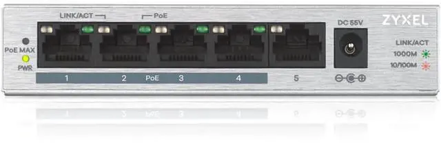 Alt view image 2 of 7 - ZyXEL 5 Port Gigabit Ethernet Unmanaged POE+ Switch, 4 x PoE+ @ 60W, GS1005HP