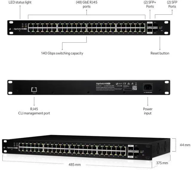 Alt view image 2 of 2 - Ubiquiti EdgeSwitch 48 PoE (500W), 48-port Layer 2/3 PoE+ Switch (ES-48-500W)
