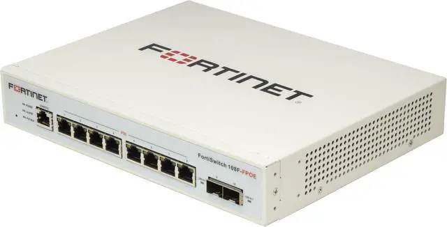 Main image of FortiSwitch-108F-FPOE L2+ management switch with 8xGE + 2xSFP + 1xRJ45 console and automatic limited 130W POE