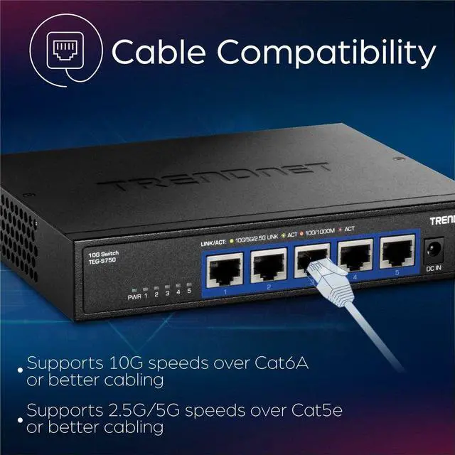 Alt view image 10 of 11 - TRENDnet 5-Port 10G Switch, TEG-S750, 5 x 10G RJ-45 Ports, 100Gbps Switching Capacity, Supports 2.5G and 5G-Base-T Connections, Ethernet Splitter, NDAA & TAA Compliant, Lifetime Protection, Black