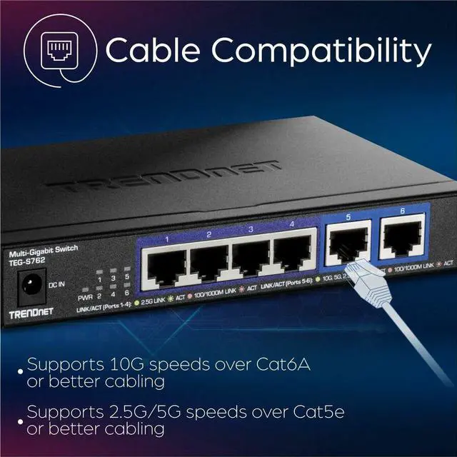 Alt view image 6 of 13 - TRENDnet 6-Port 10G Switch, 4 x 2.5G RJ-45 Base-T Ports, TEG-S762, 2 x 10G RJ-45 Ports, 60Gbps Switching Capacity, Wall Mountable, Ethernet Splitter