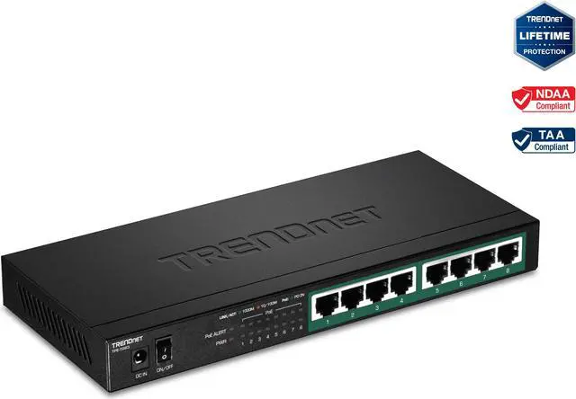 Main image of TRENDnet 8-Port Gigabit PoE+ Switch, 65W PoE Power Budget, 16Gbps Switching Capacity, IEEE 802.1p QoS, DSCP Pass-Through Support, Fanless, Wall Mountable, Lifetime Protection, Black, TPE-TG83