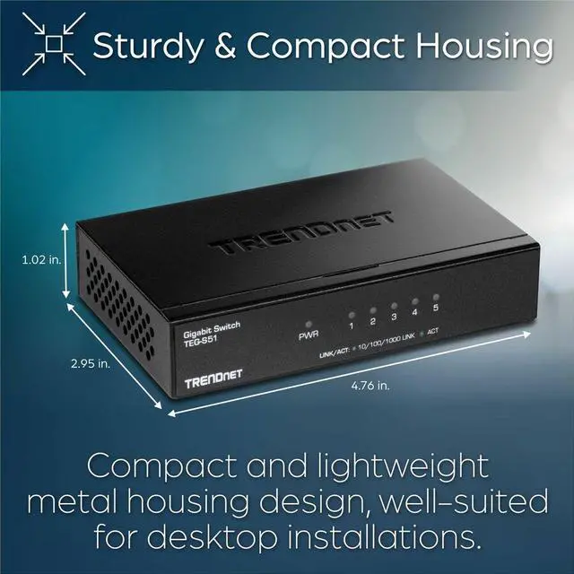 Alt view image 8 of 8 - TRENDnet 5-Port Gigabit Desktop Switch, TEG-S51, 5 x Gigabit RJ-45 Ports, 10Gbps Switching Capacity, Fanless Design, Metal Enclosure, Lifetime Protection, Black
