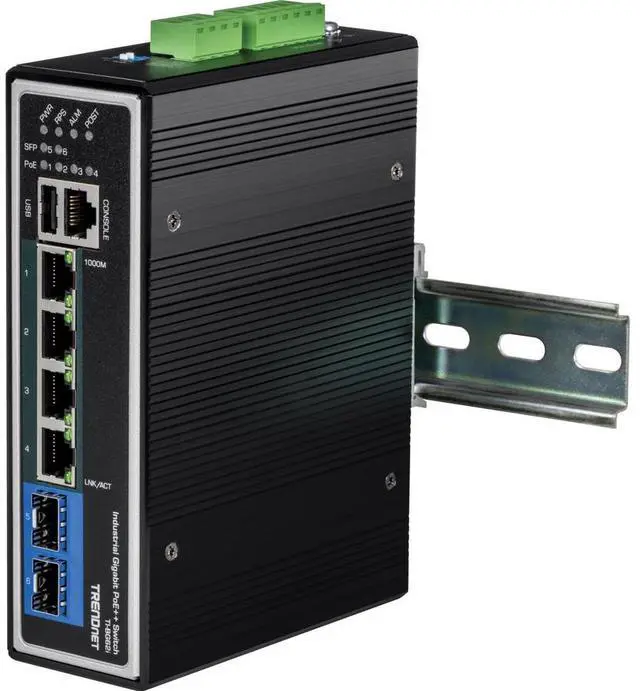 Alt view image 2 of 7 - TRENDnet 10-Port Hardened Industrial Unmanaged Gigabit PoE ++ DIN-Rail Switch, 4 Gigabit PoE++ Ports, 4 Gigabit PoE+, 2 Gigabit Share Ports SFP or RJ-45, 360W Power Budget, Black, TI-BG104