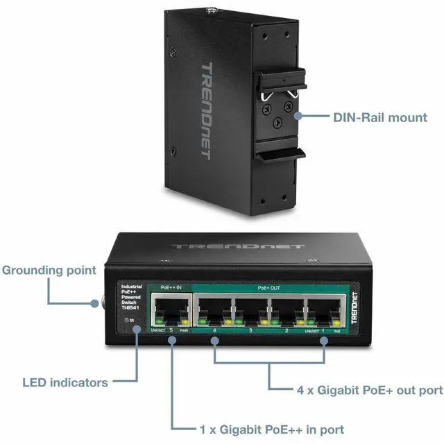 Alt view image 2 of 4 - TRENDnet TI-B541 5-Port Industrial Gigabit PoE++ Powered DIN-Rail Switch with PoE Pass-Through