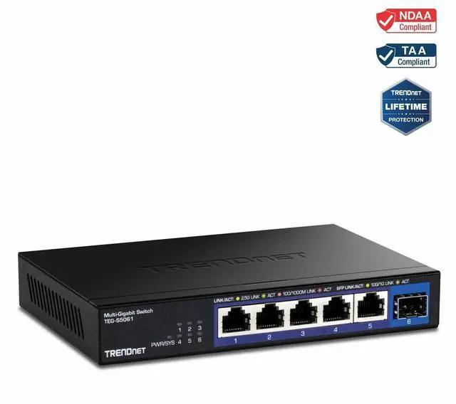 Main image of TRENDnet 6-Port 2.5G Unmanaged Switch with 10G SFP+ Port, 5 Ports - 2.5 Gigabit Ethernet, 10 Gigabit Ethernet - 2.5GBase-T, 10GBase-X - 2 Layer Supported - Modular - 9.50 W Power Consumption - Twisted