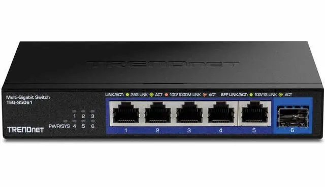 Alt view image 2 of 7 - TRENDnet 6-Port 2.5G Unmanaged Switch with 10G SFP+ Port, 5 Ports - 2.5 Gigabit Ethernet, 10 Gigabit Ethernet - 2.5GBase-T, 10GBase-X - 2 Layer Supported - Modular - 9.50 W Power Consumption - Twisted
