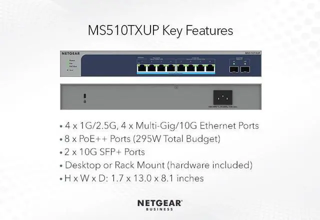 Alt view image 7 of 11 - Netgear 8-Port Multi-Gigabit/10G Ethernet Ultra60 PoE++ Smart Switch with 2 SFP+ Ports, MS510TXUP-100NAS