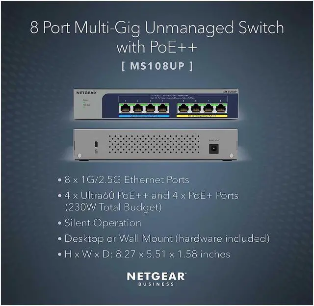 Alt view image 7 of 7 - NETGEAR 8-port Multi-Gigabit (2.5G) Ultra60 PoE++ Ethernet Unmanaged Switch | MS108UP