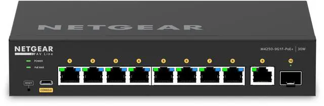 Main image of Netgear AV Line M4250-9G1F-PoE+ 8x1G PoE+ 110W 1x1G and 1xSFP Managed Switch, GSM4210PD-100NAS