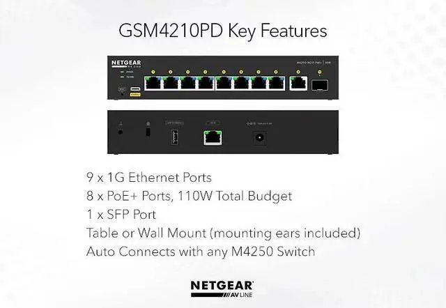 Alt view image 7 of 7 - Netgear AV Line M4250-9G1F-PoE+ 8x1G PoE+ 110W 1x1G and 1xSFP Managed Switch, GSM4210PD-100NAS