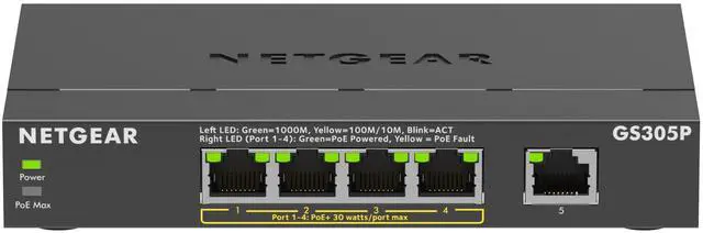 Alt view image 3 of 5 - Netgear GS305P 5-Port Gigabit Ethernet Unmanaged Switch, GS305P-300NAS