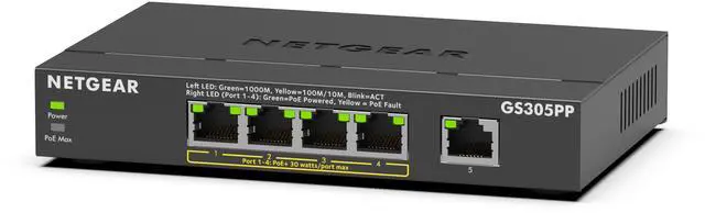 Main image of Netgear GS305PP 5-Port Gigabit Ethernet SOHO Unmanaged Switch with 4-Ports PoE+ (83W), GS305PP-300NAS