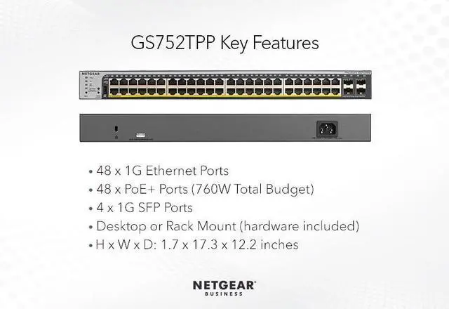 Alt view image 2 of 6 - NETGEAR 48-Port Gigabit PoE+ Smart Switch w/ optional Remote/Cloud Management and 4 SFP Ports (760W) | GS752TPP