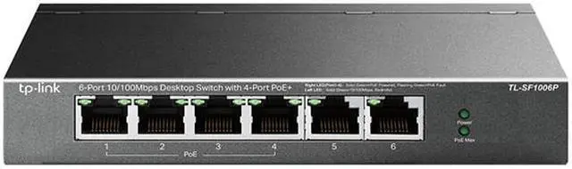 Alt view image 3 of 9 - TP-Link 6 Port Fast Ethernet 10/100Mbps PoE Switch | 4 PoE+ Ports @ 67W | Plug & Play | Sturdy Metal w/Shielded Ports | Limited Lifetime Protection | Extend Mode | Priority Mode (TL-SF1006P)