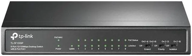 Alt view image 3 of 9 - TP-Link 9 Port Fast Ethernet 10/100Mbps PoE Switch | 8 PoE+ Ports @65W | Sturdy Metal w/Shielded Ports | Limited Lifetime Protection | Extend Mode | Priority Mode | Isolation Mode (TL-SF1009P)