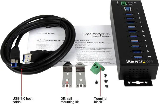 Alt view image 6 of 6 - StarTech.com ST1030USBM 10 Port USB 3.0 Hub - Industrial - ESD and Surge Protection - DIN Rail or Surface Mountable - Metal - Powered USB Hub