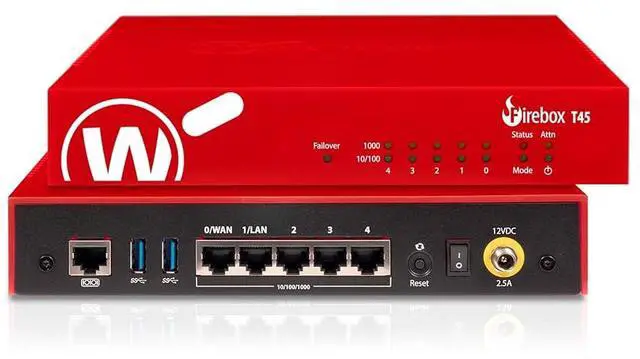 Main image of WatchGuard Firebox T45-PoE Network Security/Firewall - Intrusion Prevention - 5 Port - 10/100/1000Base-T - Gigabit Ethernet - 3.94 Gbit/s Firewall Throughput - 5 x RJ-45   WGT47415-US