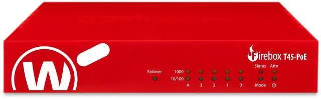 Main image of WatchGuard Firebox T45-W-PoE Network Security/Firewall Appliance - Intrusion Prevention - 5 Port - Gigabit Ethernet - 3.94 Gbit/s Firewall Throughput - Wireless LAN IEEE 802.11ax   WGT48031-US
