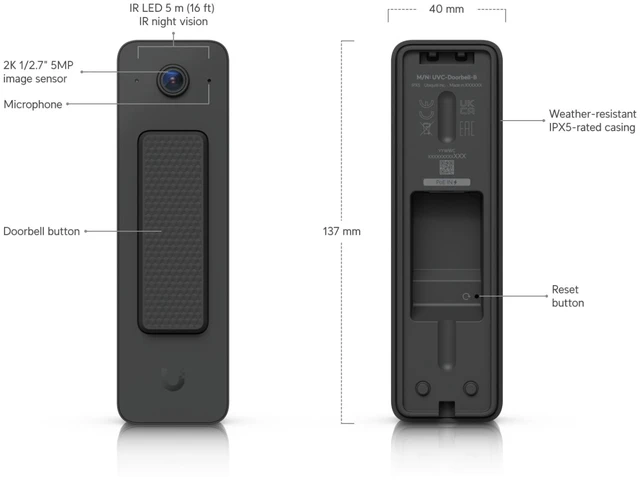 Alt view image 2 of 10 - Ubiquiti UniFi Protect Doorbell Lite, 5MP PoE Video Doorbell Camera, Two-Way Audio, IR Night Vision, IPX5, Black (UVC-Doorbell-Lite-B)