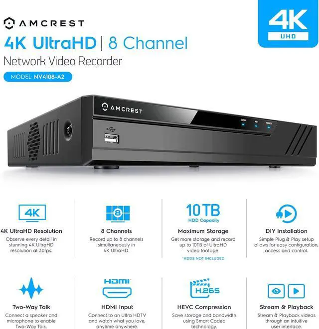 Alt view image 3 of 7 - Amcrest NV4108-A2 4K 8CH NVR (1080p/3MP/4MP/5MP/8MP) POE Network Video Recorder - Supports up to 8 x 8MP/4K IP Cameras, 8-Channel, Supports up to 10TB Hard Drive (No Built-in WiFi)