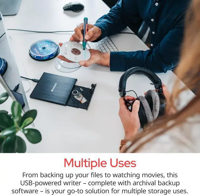 Alt view image 16 of 18 - Verbatim Slim External Burner CD/DVD +/-RW Optical Drive USB 2.0 with USB A to USB C Adapter and M-DISC Support - Mac & PC Compatible Model 98938