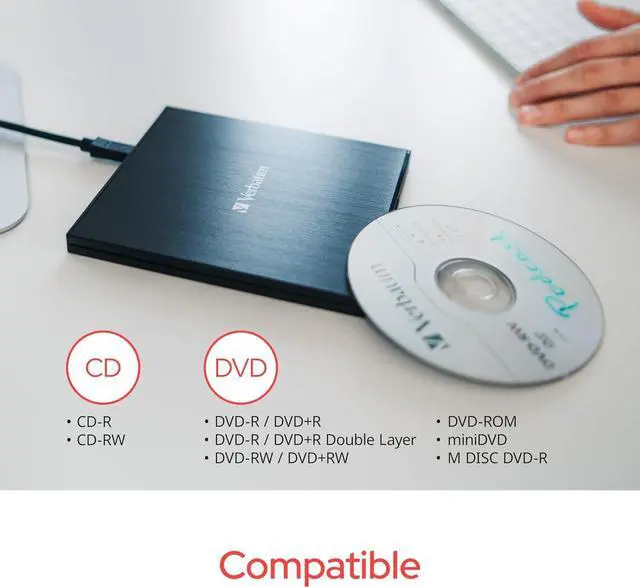 Alt view image 9 of 18 - Verbatim Slim External Burner CD/DVD +/-RW Optical Drive USB 2.0 with USB A to USB C Adapter and M-DISC Support - Mac & PC Compatible Model 98938