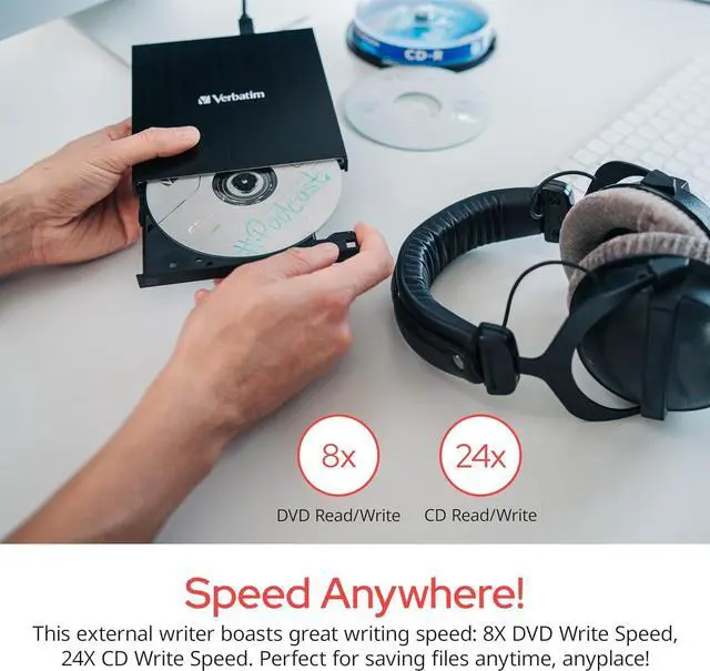 Alt view image 10 of 18 - Verbatim Slim External Burner CD/DVD +/-RW Optical Drive USB 2.0 with USB A to USB C Adapter and M-DISC Support - Mac & PC Compatible Model 98938