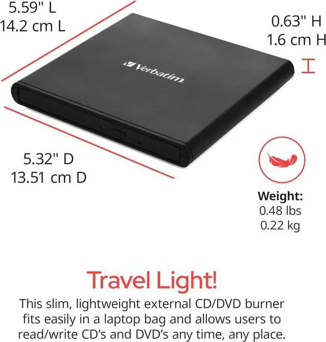 Alt view image 3 of 18 - Verbatim Slim External Burner CD/DVD +/-RW Optical Drive USB 2.0 with USB A to USB C Adapter and M-DISC Support - Mac & PC Compatible Model 98938