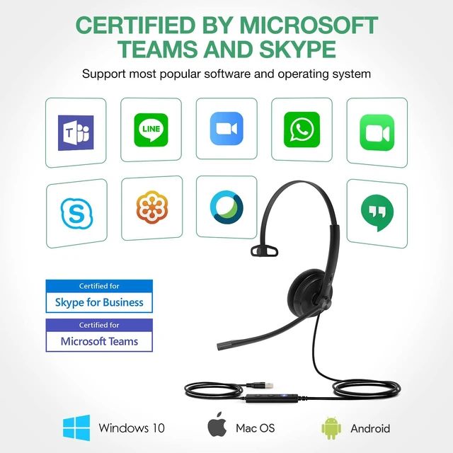 Alt view image 7 of 8 - Yealink Uh34 Usb Wired Headset With Microphone - Headphones With Noise Cancelling Professional Business Headphones Voip Phone Computer Call Center Office Ultra Light Mono