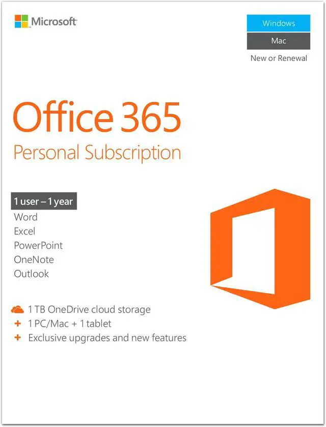 Main image of Microsoft Office 365 Personal 1 Year Product Key Card - PC or Mac