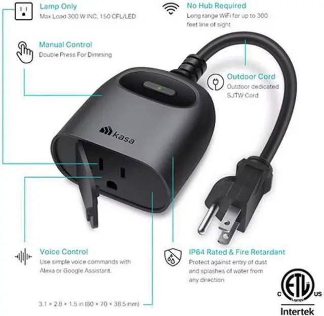 Alt view image 2 of 7 - Kasa Outdoor Smart Dimmer Plug, IP64 Plug- in Dimmer for Outdoor String Lights, Compatible with Alexa, Google Assistant & SmartThings, Long Wi-Fi Range 2.4Ghz, No Hub Required, ETL Certified (KP405)