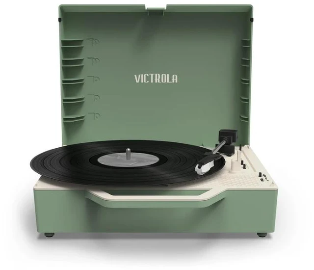 Alt view image 2 of 9 - Victrola Re-Spin Sustainable Suitcase Vinyl Record Player, 3-Speed (33 1/3, 45 & 78 RPM), Belt-Driven Bluetooth Turn Table with Built-in Bass Radiator, 3.5mm Headphone Jack, Basil Green