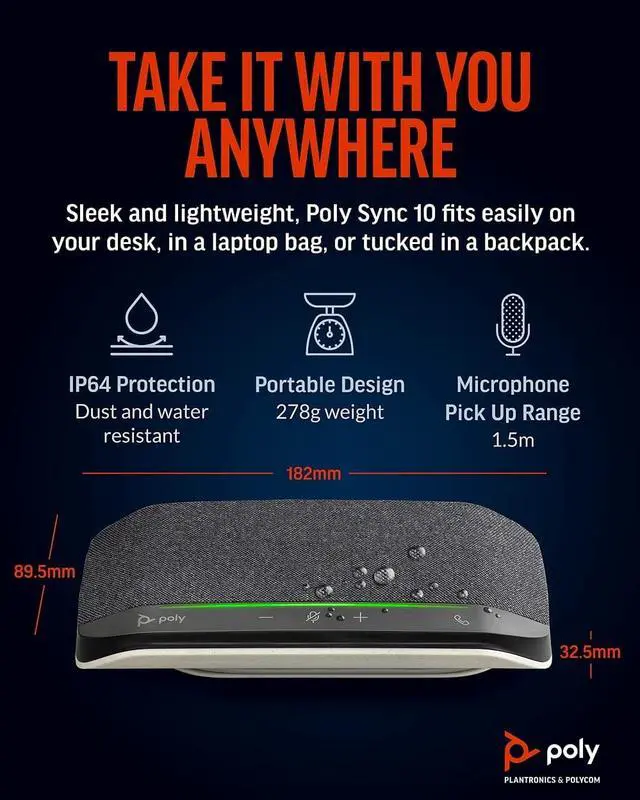 Alt view image 4 of 6 - Poly Sync 10 USB Speakerphone (Plantronics) - Two-in-One Portable Speaker for Audio/Video Conference Calls & Music - USB Powered - Dual-Mic, Full-Duplex Audio - Works with Teams, Zoom, Google & More