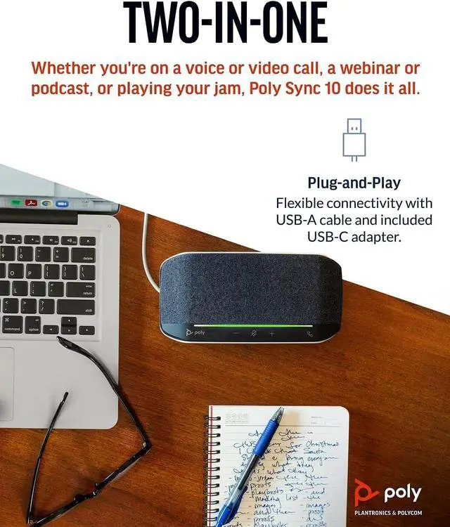 Alt view image 5 of 6 - Poly Sync 10 USB Speakerphone (Plantronics) - Two-in-One Portable Speaker for Audio/Video Conference Calls & Music - USB Powered - Dual-Mic, Full-Duplex Audio - Works with Teams, Zoom, Google & More