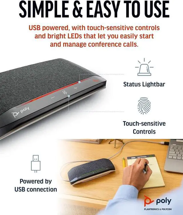 Alt view image 6 of 6 - Poly Sync 10 USB Speakerphone (Plantronics) - Two-in-One Portable Speaker for Audio/Video Conference Calls & Music - USB Powered - Dual-Mic, Full-Duplex Audio - Works with Teams, Zoom, Google & More
