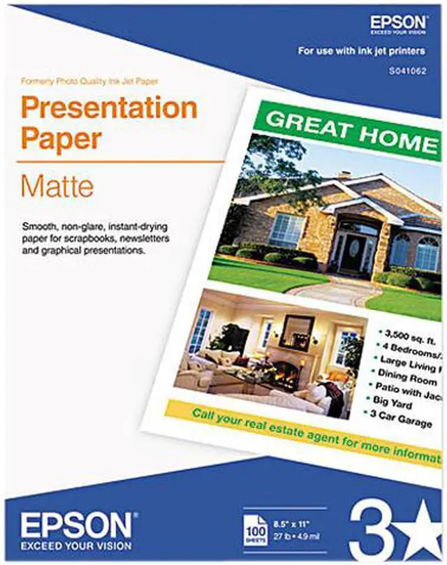 Main image of Epson S041062 Presentation Paper Letter - 8.50" x 11" - 27 lb - Matte - 90 Brightness - 100 / Pack - White