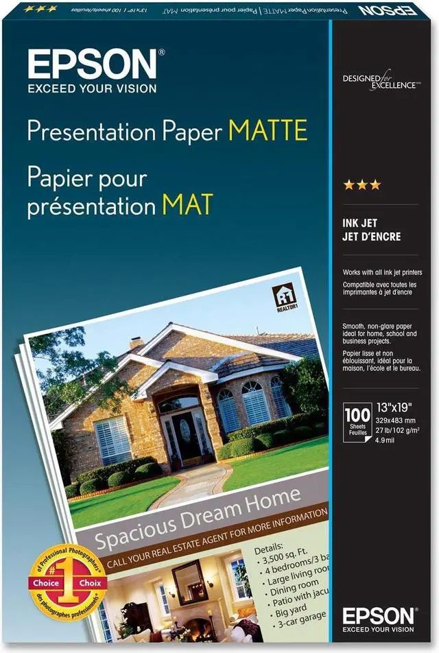 Main image of Epson S041069 Matte Presentation Paper, 27 lbs., Matte, 13 x 19, 100 Sheets/Pack