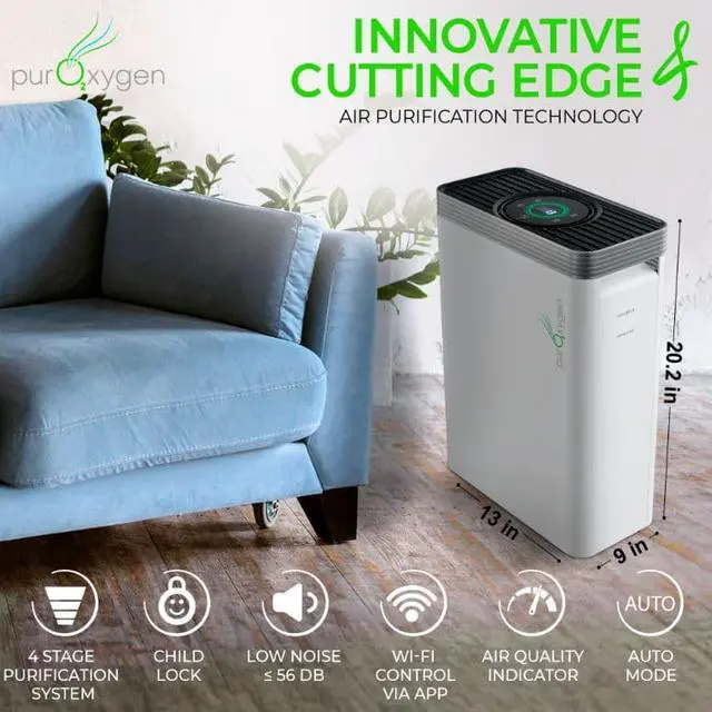Alt view image 3 of 7 - PURO²XYGEN Air Purifier for Home, Multi-Stage Portable Air Purifier with True HEPA Filter, Cleans 550 Sq Ft/Hr, Includes Wifi Control via App, Automated Sensor, Child Lock, and Filter Health Indicator