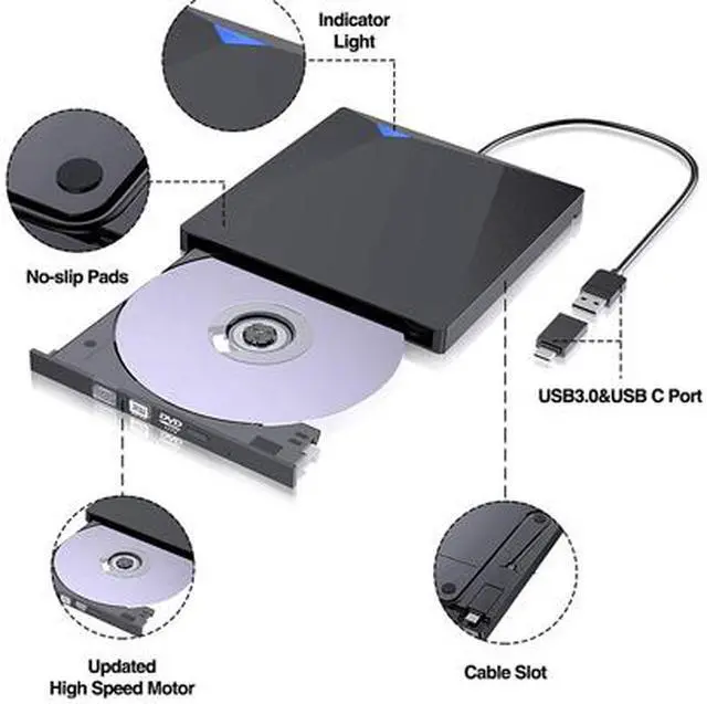 Alt view image 2 of 6 - External DVD Drive for Laptop, Portable High-Speed USB-C & USB 3.0 CD Burner/DVD Reader Writer for PC Desktops, Compatible with Windows/Mac OS X/Linux