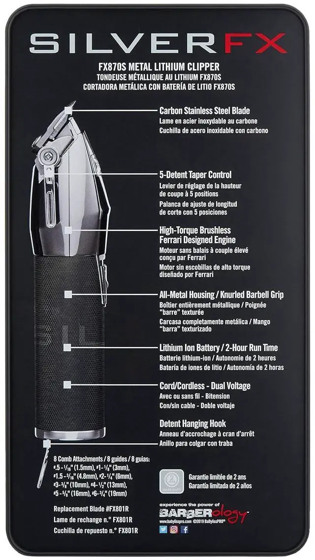 Alt view image 3 of 3 - BaBylissPRO SilverFX+ All-Metal Lithium Clipper, Professional Hair Clipper For Men, FX870S