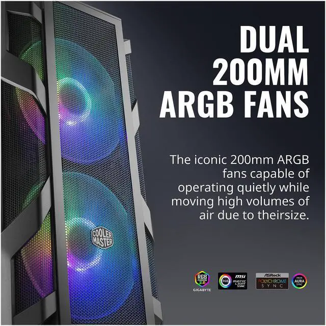 Alt view image 14 of 18 - Cooler Master MasterCase H500M ARGB Airflow ATX Mid-Tower with Quad Tempered Glass Panels, Dual 200mm ARGB Lighting Fans, Type-C I/O Panel, and Vertical GPU Slots