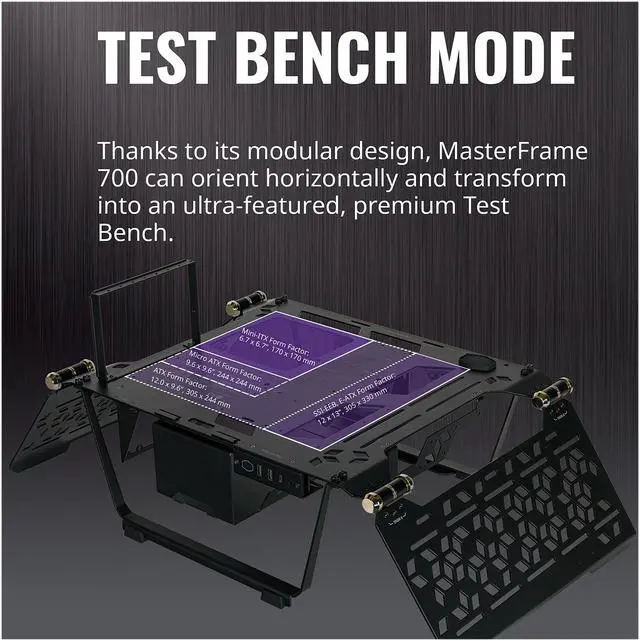 Alt view image 13 of 16 - Cooler Master MasterFrame 700 Custom Test Bench / Open-Air ATX PC Case, Panoramic Tempered Glass, Premium Variable Friction Hinges, Built-In VESA Mount