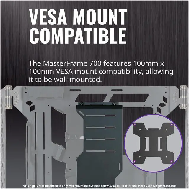 Alt view image 15 of 16 - Cooler Master MasterFrame 700 Custom Test Bench / Open-Air ATX PC Case, Panoramic Tempered Glass, Premium Variable Friction Hinges, Built-In VESA Mount